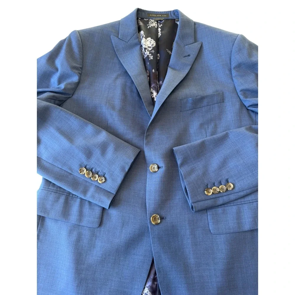 Indochino Mens Hemsworth Blue Blazer Jacket Custom Floral Lining‎ 100% Wool